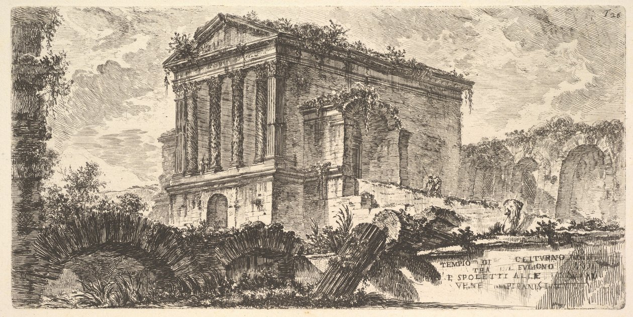 Lámina 26: Templo de Clitumnus entre Foligno y Spoleto, de «Algunas vistas de arcos triunfales y otros monumentos erigidos por los romanos, parte de los cuales se ven en Roma y parte en Italia» de Giovanni Battista Piranesi