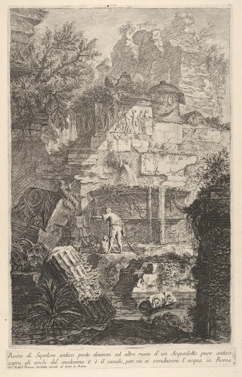 Placa 6: Ruinas de una antigua tumba frente a ruinas de un antiguo acueducto de Giovanni Battista Piranesi