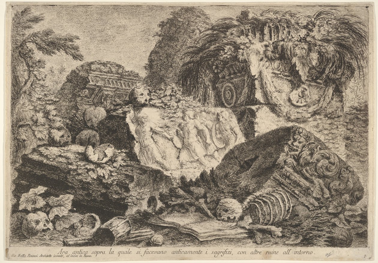 Placa 7: Altar antiguo en el que se realizaban sacrificios en la antigüedad, rodeado por otr... de Giovanni Battista Piranesi