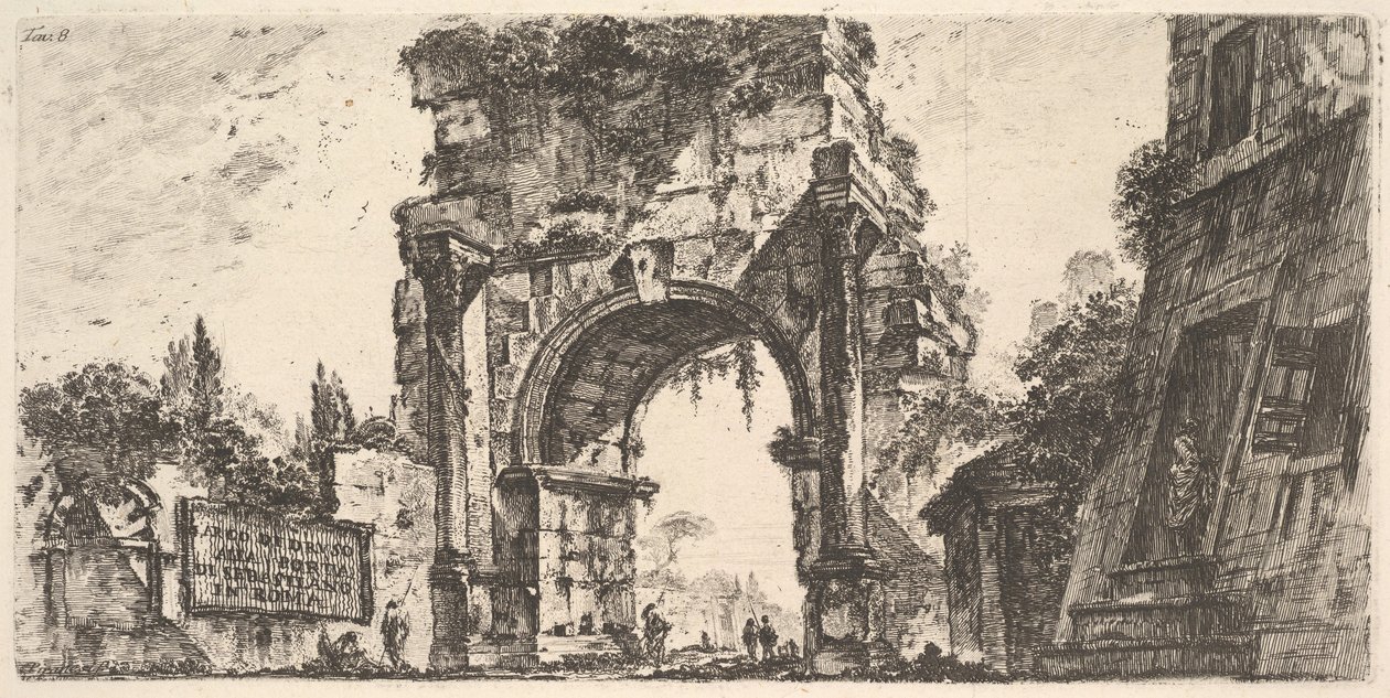 Placa 8: Arco de Druso en la Porta S. Sebastiano en Roma de Giovanni Battista Piranesi