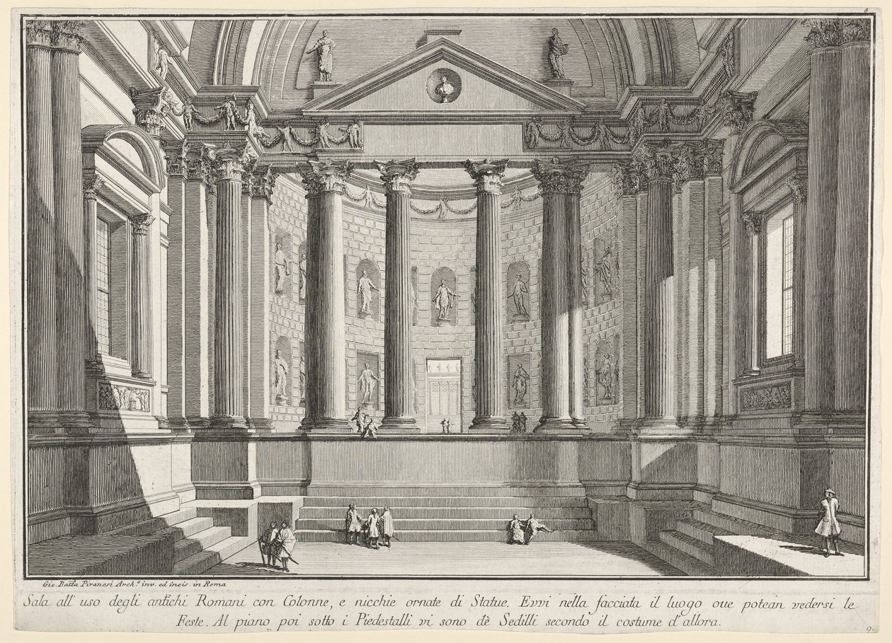 Lámina 9: Sala con columnas según la costumbre de los antiguos romanos (...), de «Primera parte de arquitecturas y perspectivas: dibujada y grabada por Gio. Batt