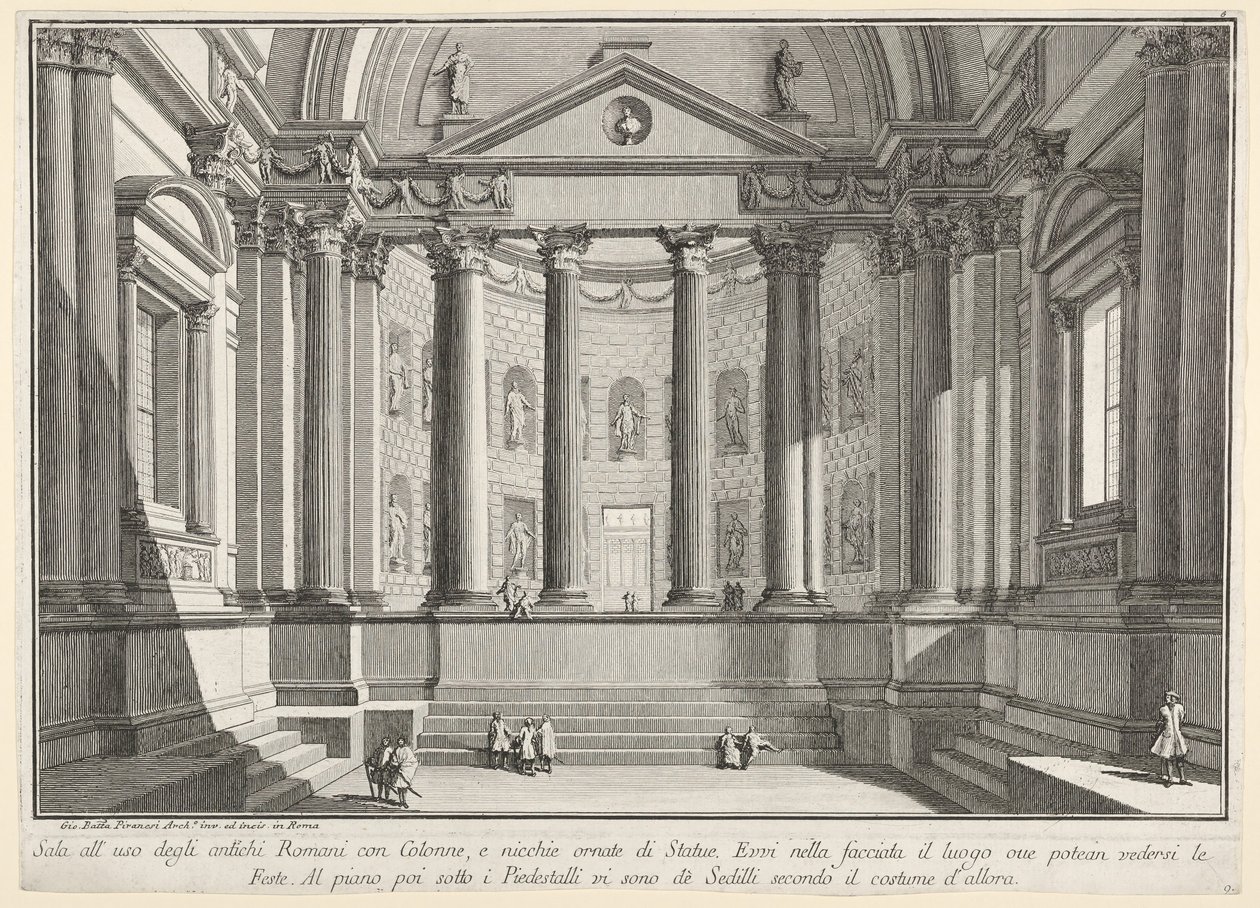 Sala columnada según la costumbre de los antiguos romanos, y nichos adornados de Giovanni Battista Piranesi