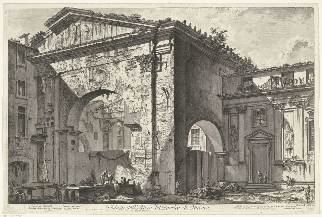 Porticus van Octavia te Rome
Vista del atrio del pórtico de Octavia (título en el objeto)
Gezichten op Rome (título de la serie)
Vistas de Roma dibujadas y grabadas por Giambattista Piranesi arquitecto Ve(nez)iano (título de la serie) de Giovanni Battista Piranesi