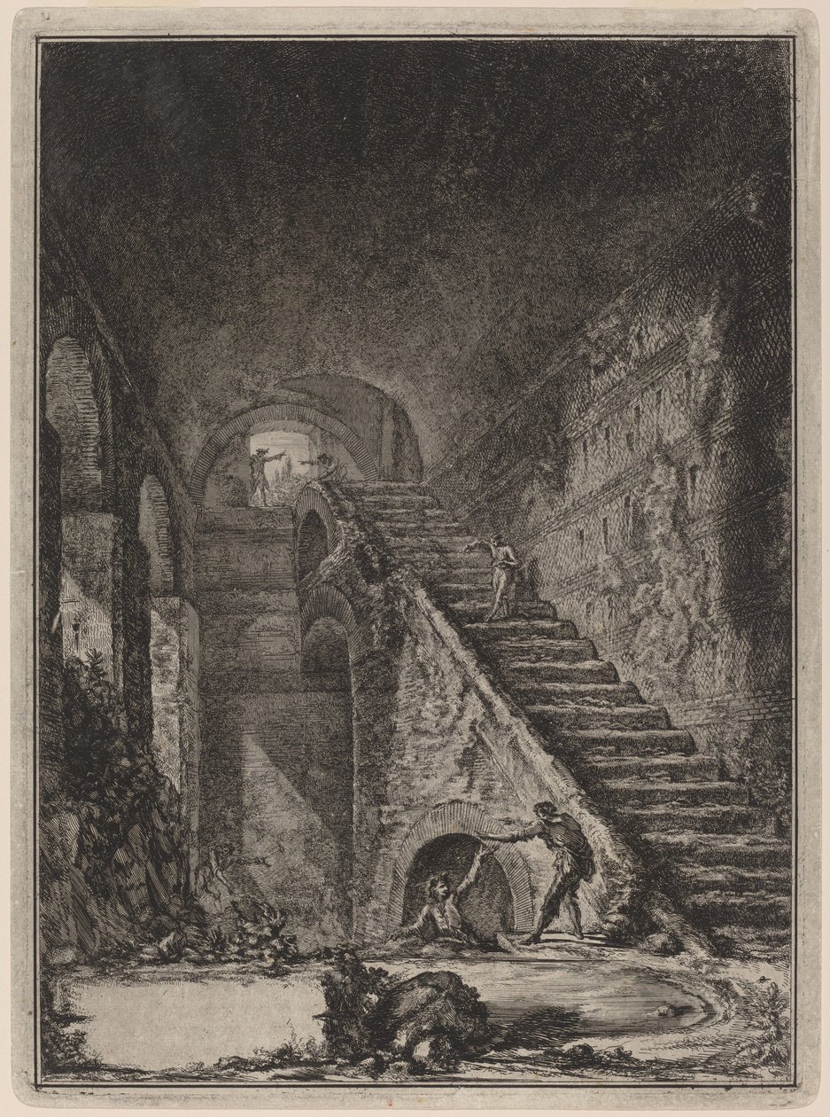 Perspectiva de la escalera de la conserva de agua de los ya mencionados alojamientos, señalados en el plano en la Tav. XIII con la letra G. de Giovanni Battista Piranesi