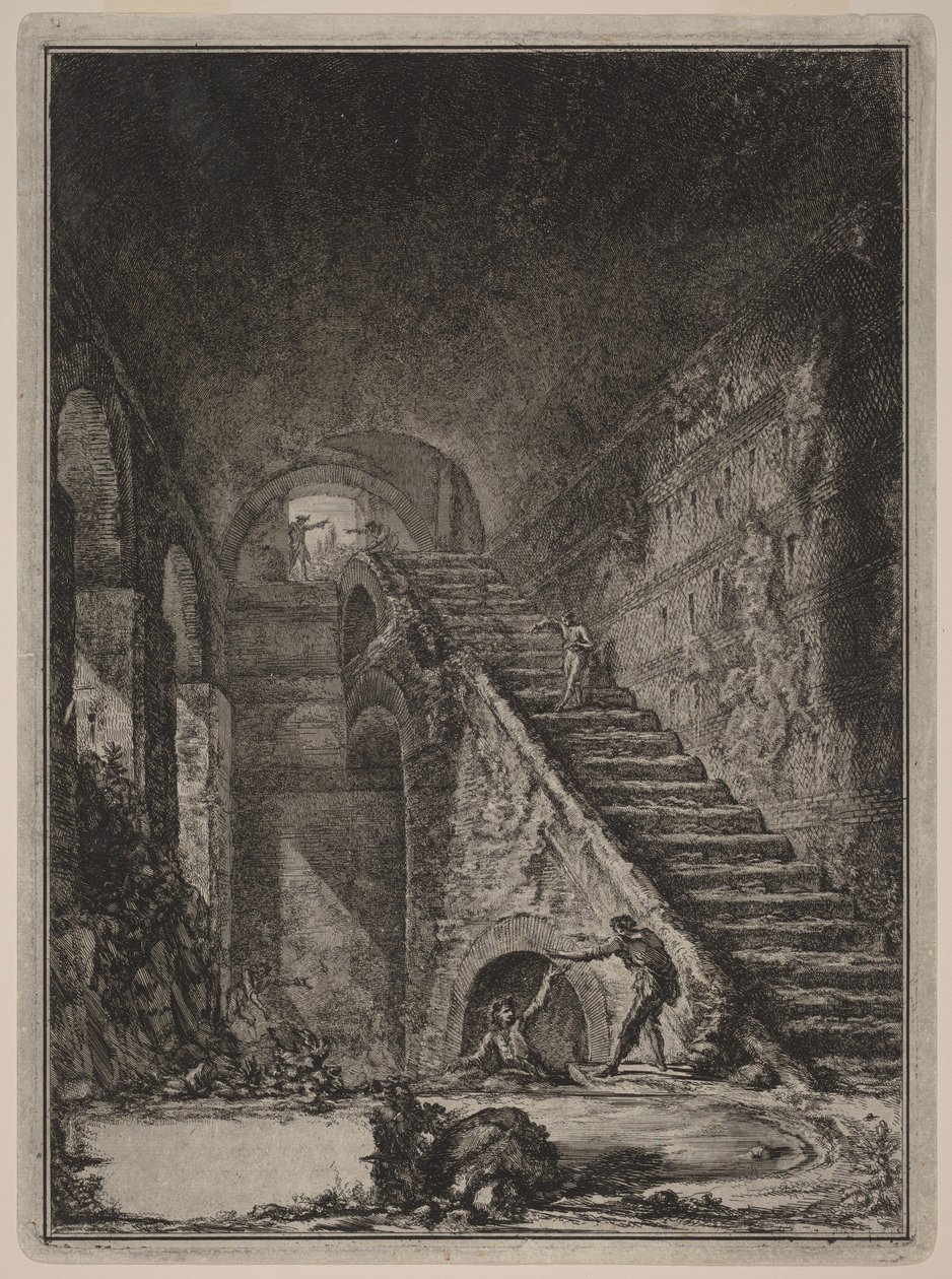 Perspectiva de la escalera del depósito de agua de los alojamientos ya mencionados, señalados en planta en la lámina XIII con la letra G. de Giovanni Battista Piranesi