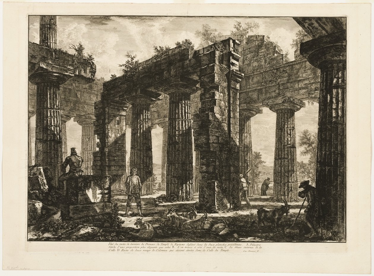 Vista trasera de los restos del pronaos del Templo de Neptuno, dibujado en las dos placas anteriores, de Diferentes vistas de Paestum de Giovanni Battista Piranesi