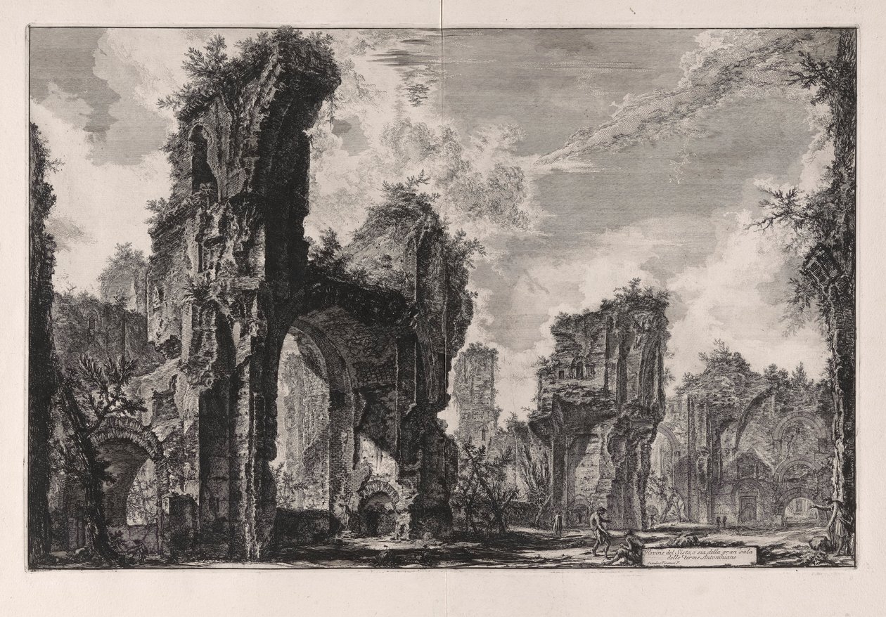 Ruinas del Sisto, o ambas del gran salón de las Termas de Antonino (Ruinas del Xystus, o Podría ser de la Sala Central de las Termas de Antonino [Baños de Caracalla]) de Vedute di Roma (Vistas de Roma) de Giovanni Battista Piranesi