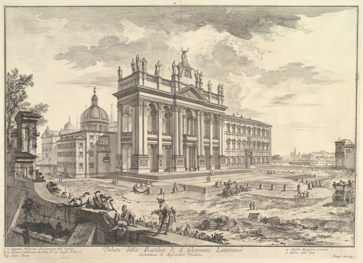 S. Giovanni in Laterano, fachada principal, con el palacio y la Scala Santa a la derecha (Veduta della Basilica di S. Giovanni Laterano), de «Vedute di Roma» de Giovanni Battista Piranesi