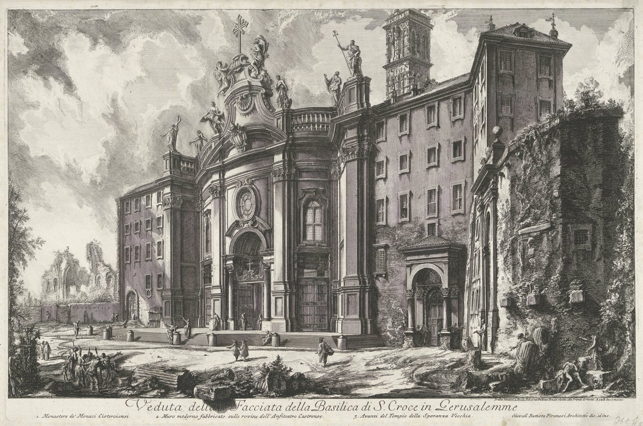 Santa Croce en Jerusalén en Roma Vista de la Fachada de la Basílica de S. Croce in Gerusalemme (título sobre objeto) Gezichten op Rome (título de la serie) Vistas de Roma diseñadas y grabadas por el arquitecto Giambattista Piranesi Ve (nez) iano (título de de Giovanni Battista Piranesi