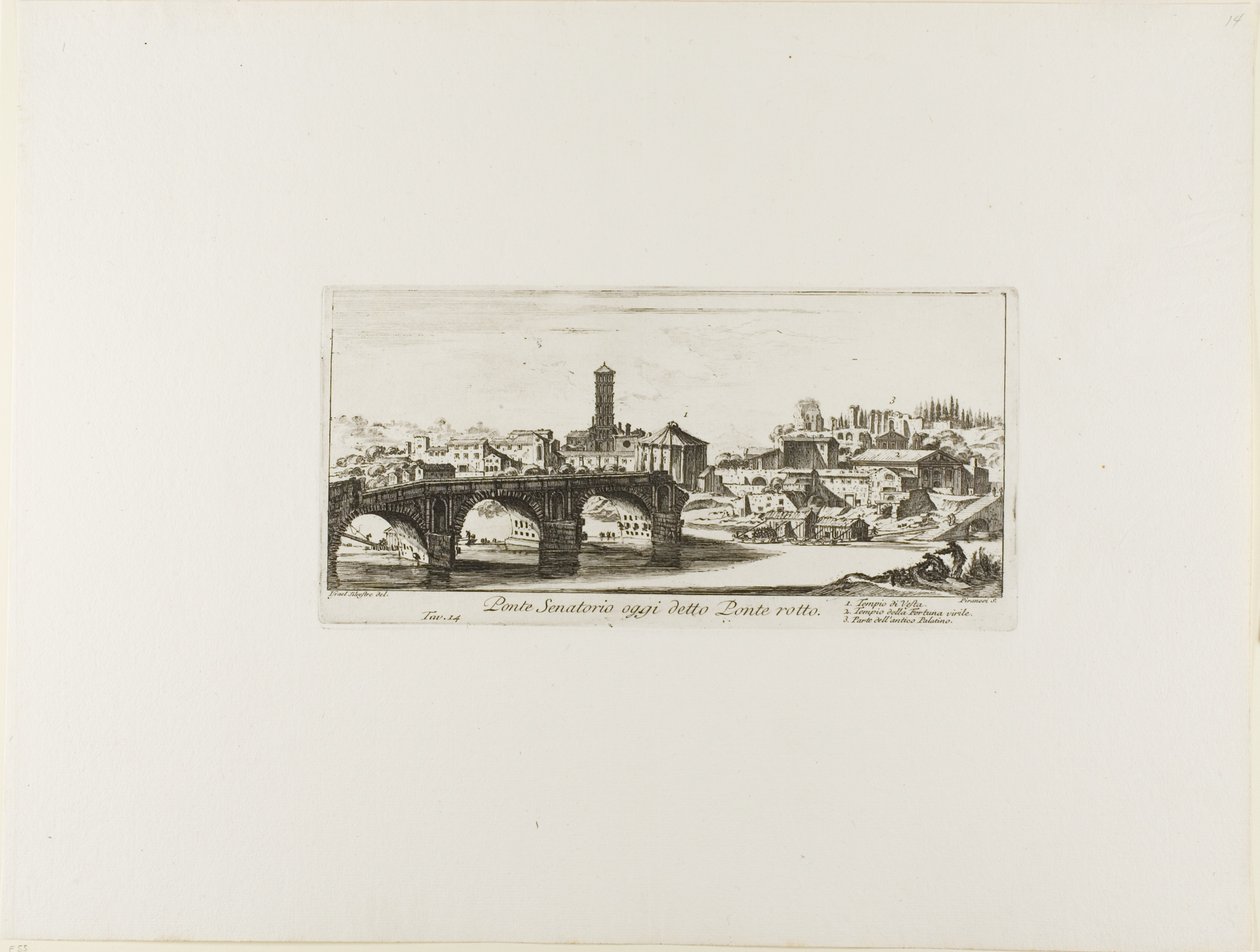 Puente Senatorial, hoy llamado Ponte Rotto [Puente Roto]. 1. Templo de Vesta. 2. Templo de Fortuna Virilis. 3. Parte del antiguo Palatino, lámina 14 de Algunas vistas de arcos de triunfo y otros monumentos. de Giovanni Battista Piranesi