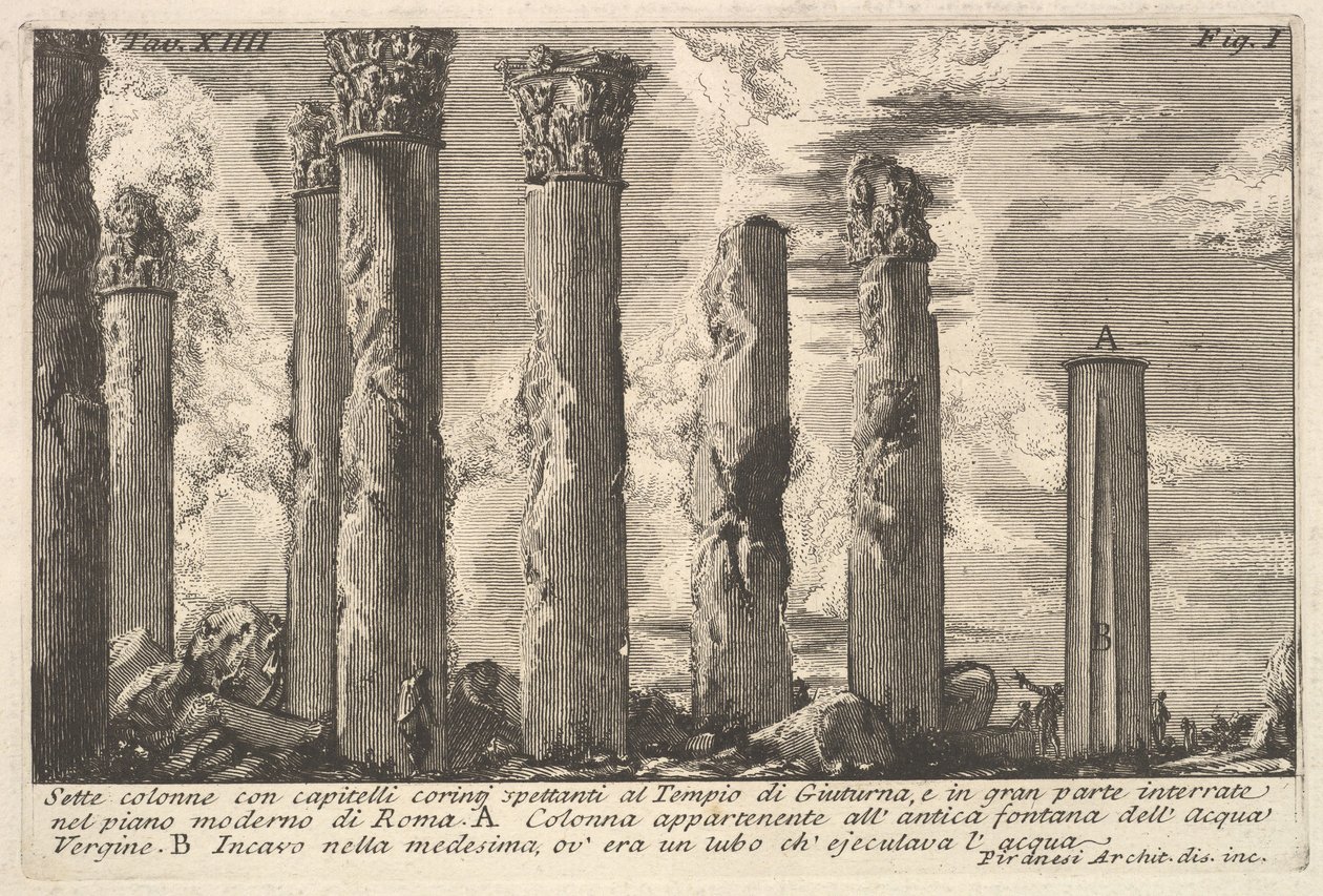 Siete columnas del Templo de Juturna con capiteles corintios..., siglo XVIII de Giovanni Battista Piranesi