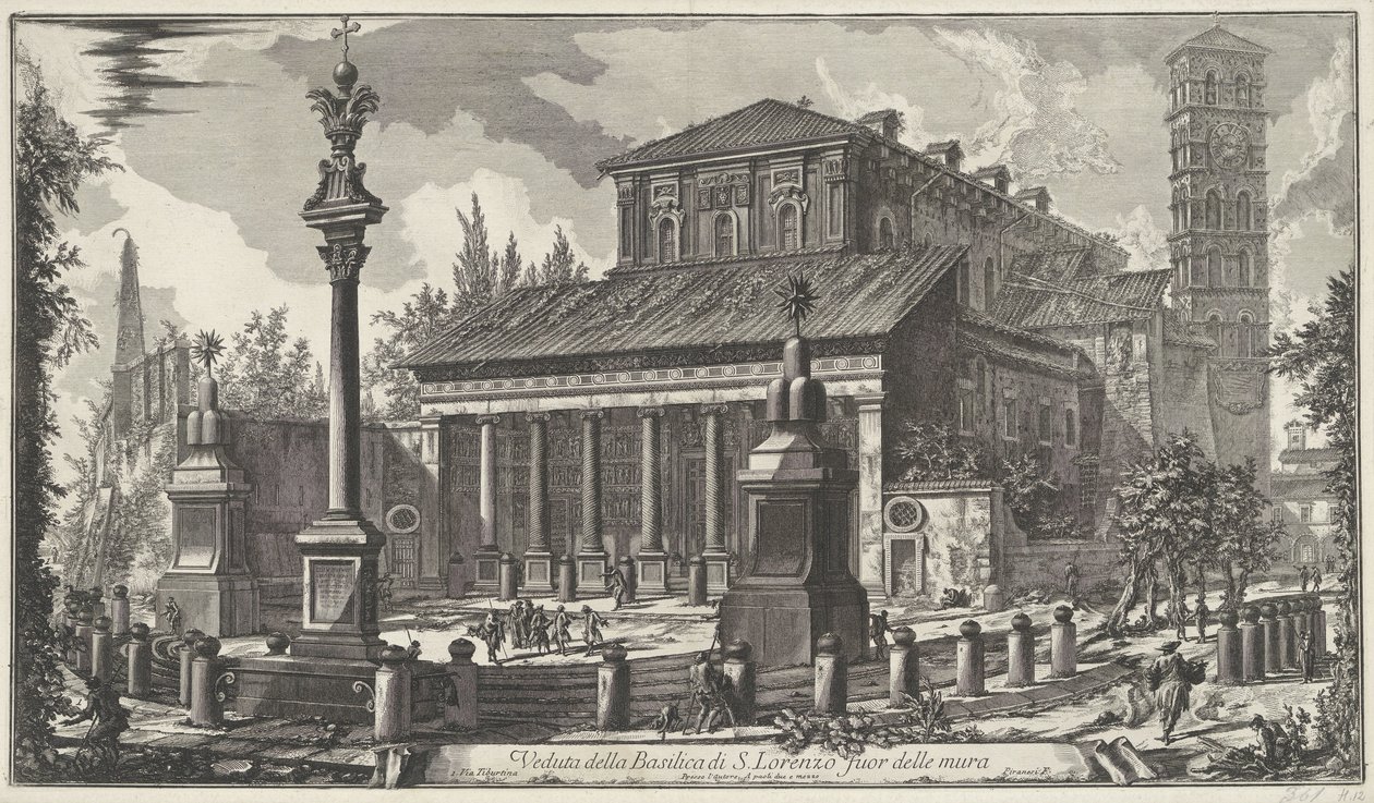 Sint-Laurens construido de Muren te Rome Vista de la Basílica de S. Lorenzo extramuros (título sobre objeto) Gezichten op Rome (título de la serie) Vistas de Roma diseñadas y grabadas por el arquitecto Giambattista Piranesi Ve (nez) iano (título de la seri de Giovanni Battista Piranesi