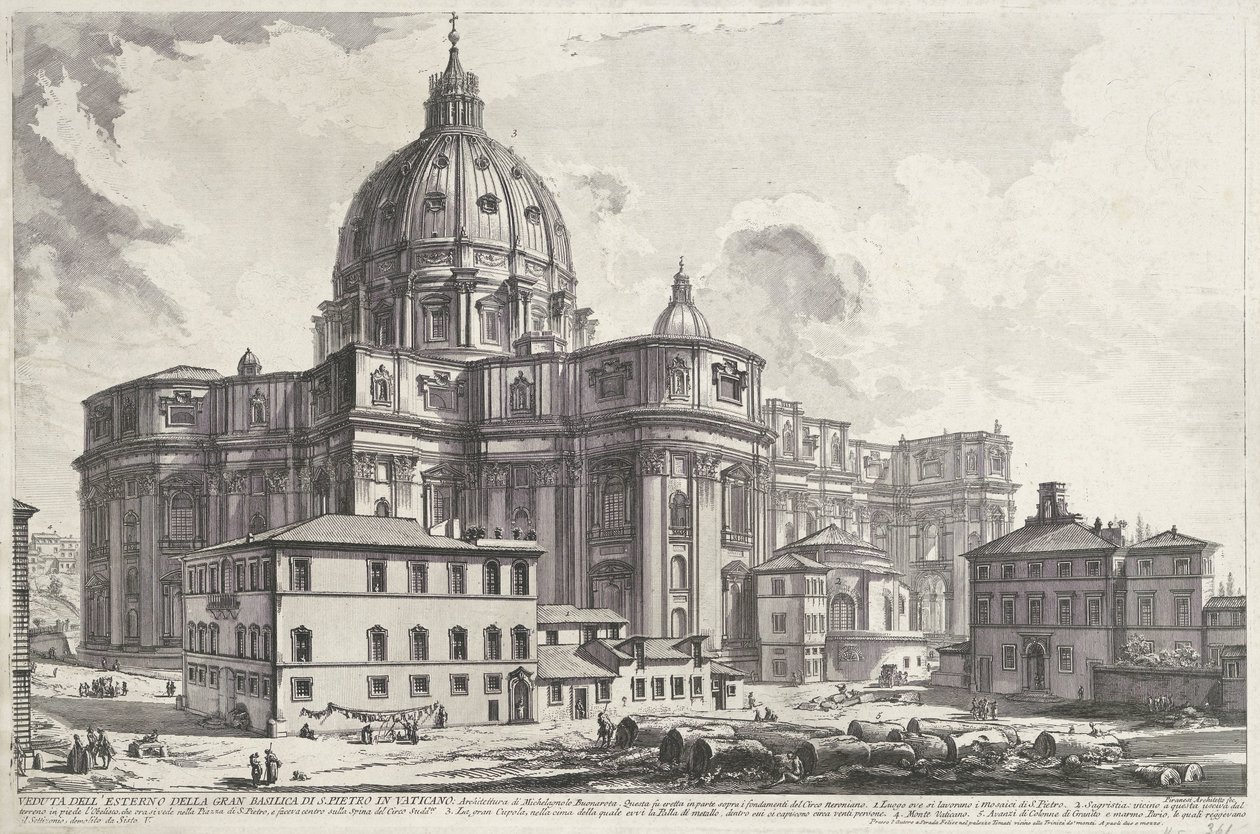Sint-Pietersbasiliek vanaf Plaza de la Sacristía Vista del exterior de la gran Basílica de San Pedro en el Vaticano (título sobre objeto) Gezichten op Rome (título de la serie) Vistas de Roma diseñadas y grabadas por el arquitecto Giambattista Piranesi Ve  de Giovanni Battista Piranesi