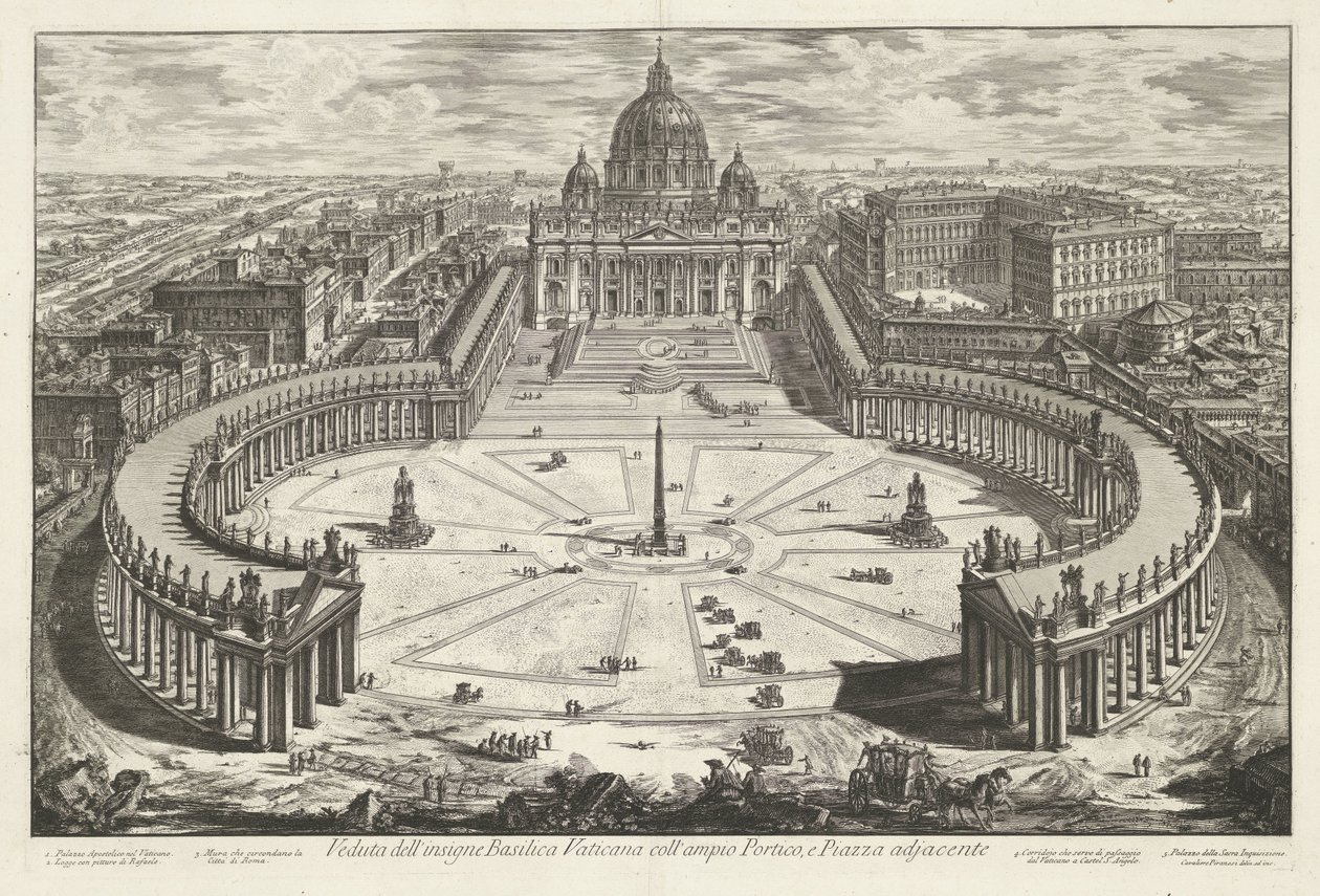 Sint-Pietersplein met de Sint-Pietersbasiliek te Vaticaanstad Vista de la famosa basílica del Vaticano con su gran pórtico y la plaza adyacente (título sobre el objeto) Gezichten op Rome (título de la serie) Arco Vistas de Roma diseñadas y grabadas por Gia de Giovanni Battista Piranesi