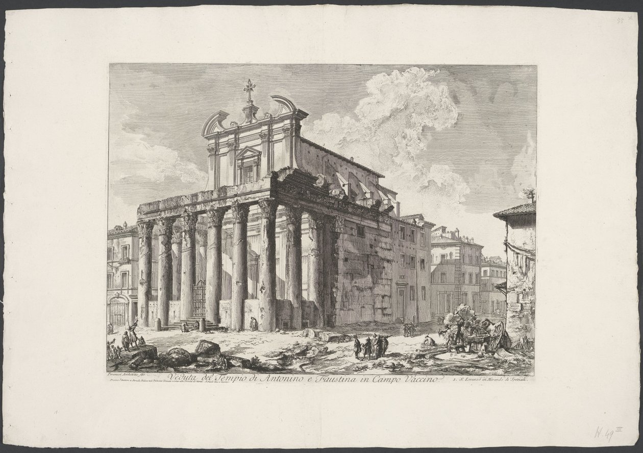 Tempel van Antoninus y Faustina te Rome Vista del Templo de Antonino y Faustina en Campo Vaccino (título sobre objeto) Gezichten op Rome (título de la serie) Vistas de Roma diseñadas y grabadas por el arquitecto Giambattista Piranesi Ve (nez) iano (título  de Giovanni Battista Piranesi