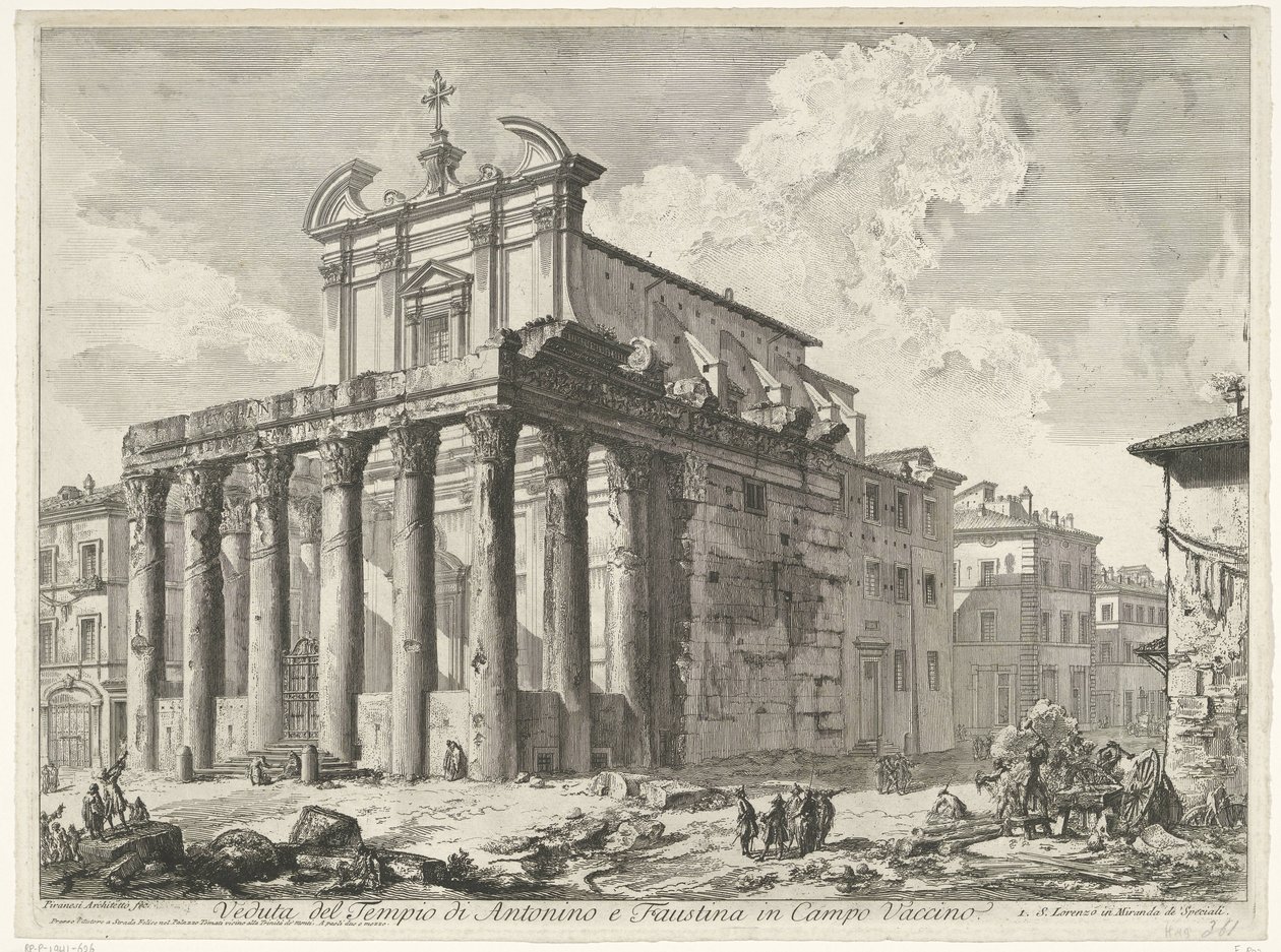 Tempel van Antoninus y Faustina te Rome Vista del Templo de Antonino y Faustina en Campo Vaccino (título sobre objeto) Gezichten op Rome (título de la serie) Vistas de Roma diseñadas y grabadas por el arquitecto Giambattista Piranesi Ve (nez) iano (título  de Giovanni Battista Piranesi