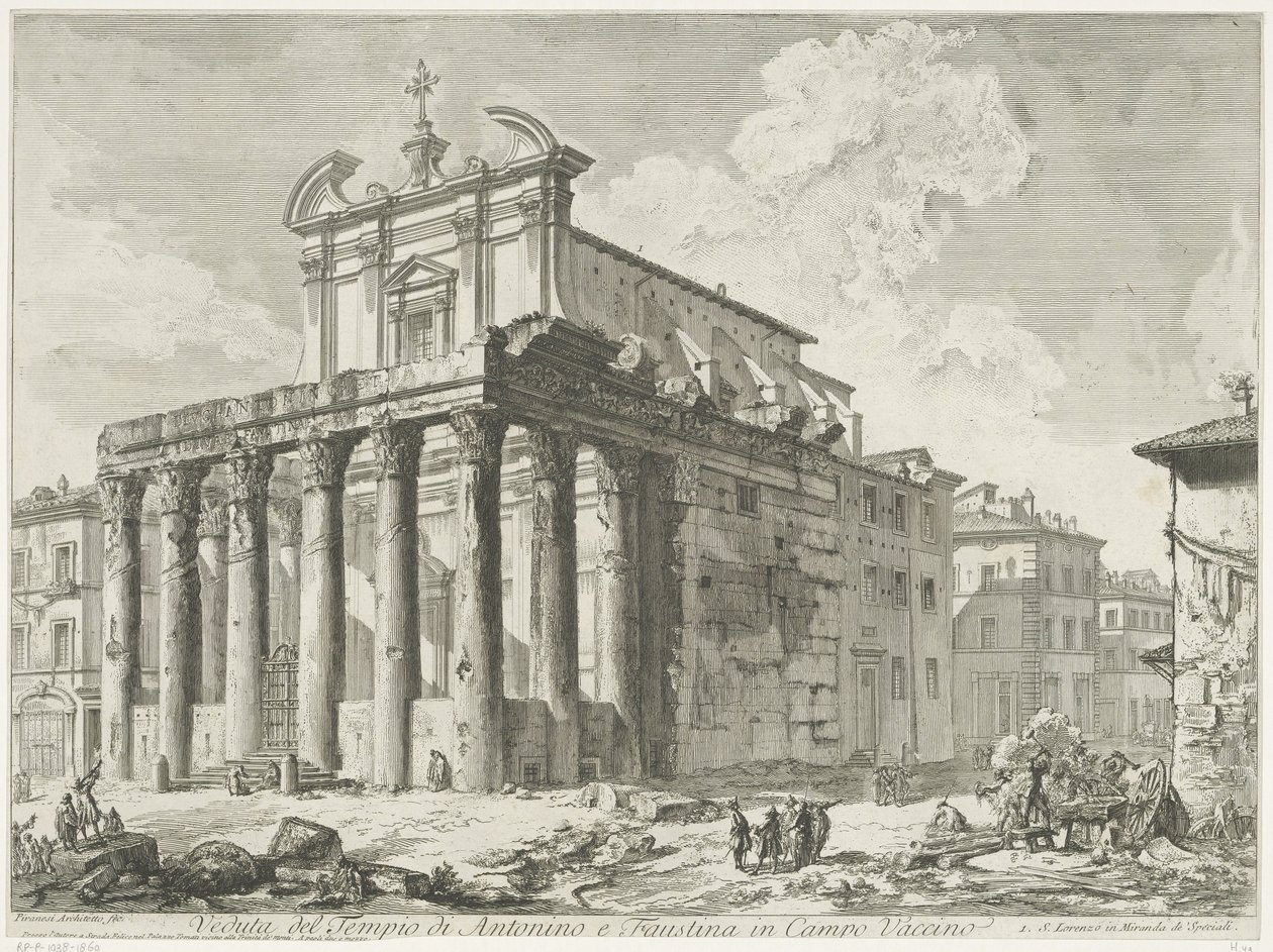 Tempel van Antoninus y Faustina te Rome Vista del Templo de Antonino y Faustina en Campo Vaccino (título sobre objeto) Gezichten op Rome (título de la serie) Vistas de Roma diseñadas y grabadas por el arquitecto Giambattista Piranesi Ve (nez) iano (título  de Giovanni Battista Piranesi