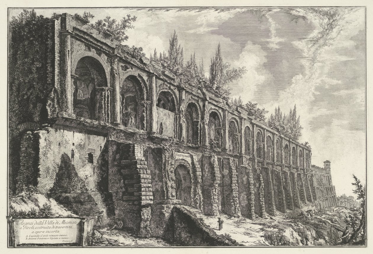 Tempel van Hercules Victor t y Tivoli Restos de la Villa di Mecenate en Tivoli, construida con travertinos de trabajo incierto (título sobre objeto) Gezichten op Rome (título de la serie) Vistas de Roma diseñadas y grabadas por el arquitecto Giambattista P de Giovanni Battista Piranesi