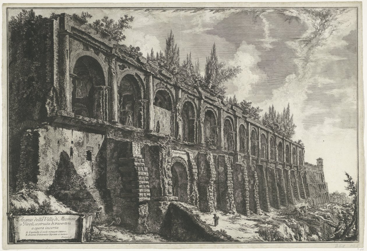 Tempel van Hercules Victor t y Tivoli Restos de la Villa di Mecenate en Tivoli, construida con travertinos de trabajo incierto (título sobre objeto) Gezichten op Rome (título de la serie) Vistas de Roma diseñadas y grabadas por el arquitecto Giambattista P de Giovanni Battista Piranesi