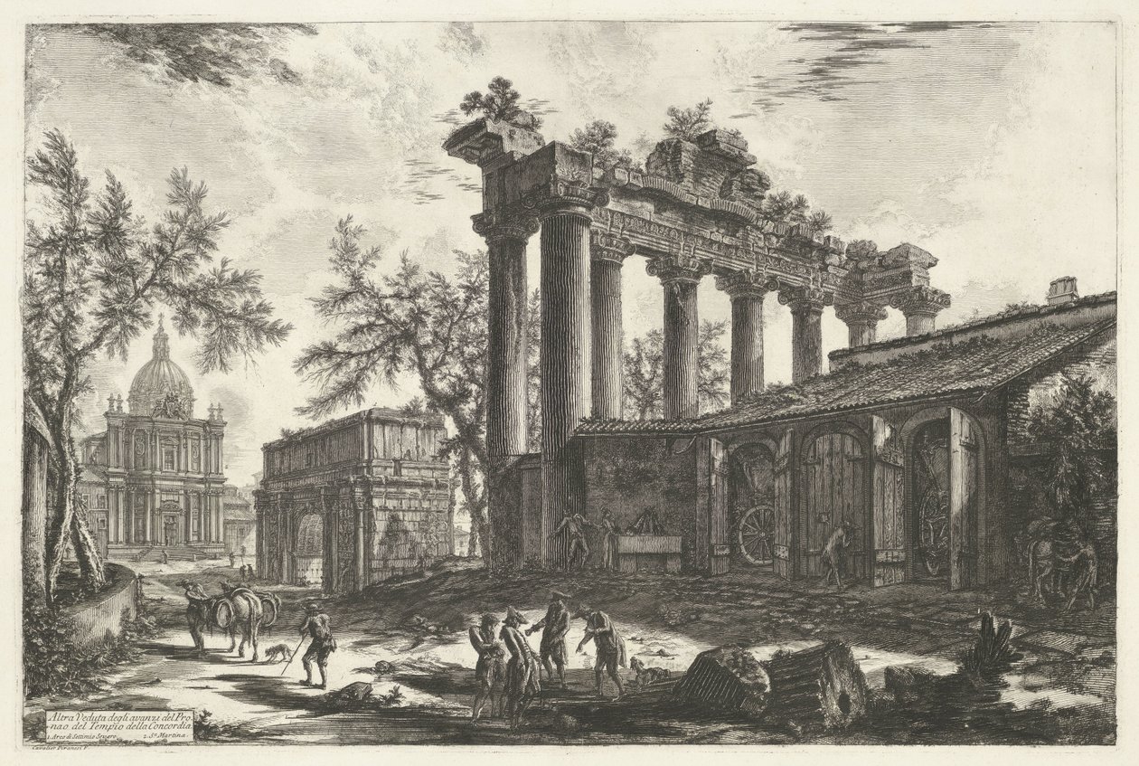 Templo de Saturno en Roma Otra Vista de los restos del Pronaos del Templo de la Concordia (título sobre objeto) Gezichten op Rome (título de la serie) Vistas de Roma diseñadas y grabadas por el arquitecto Giambattista Piranesi Ve (nez) iano (título de la s de Giovanni Battista Piranesi