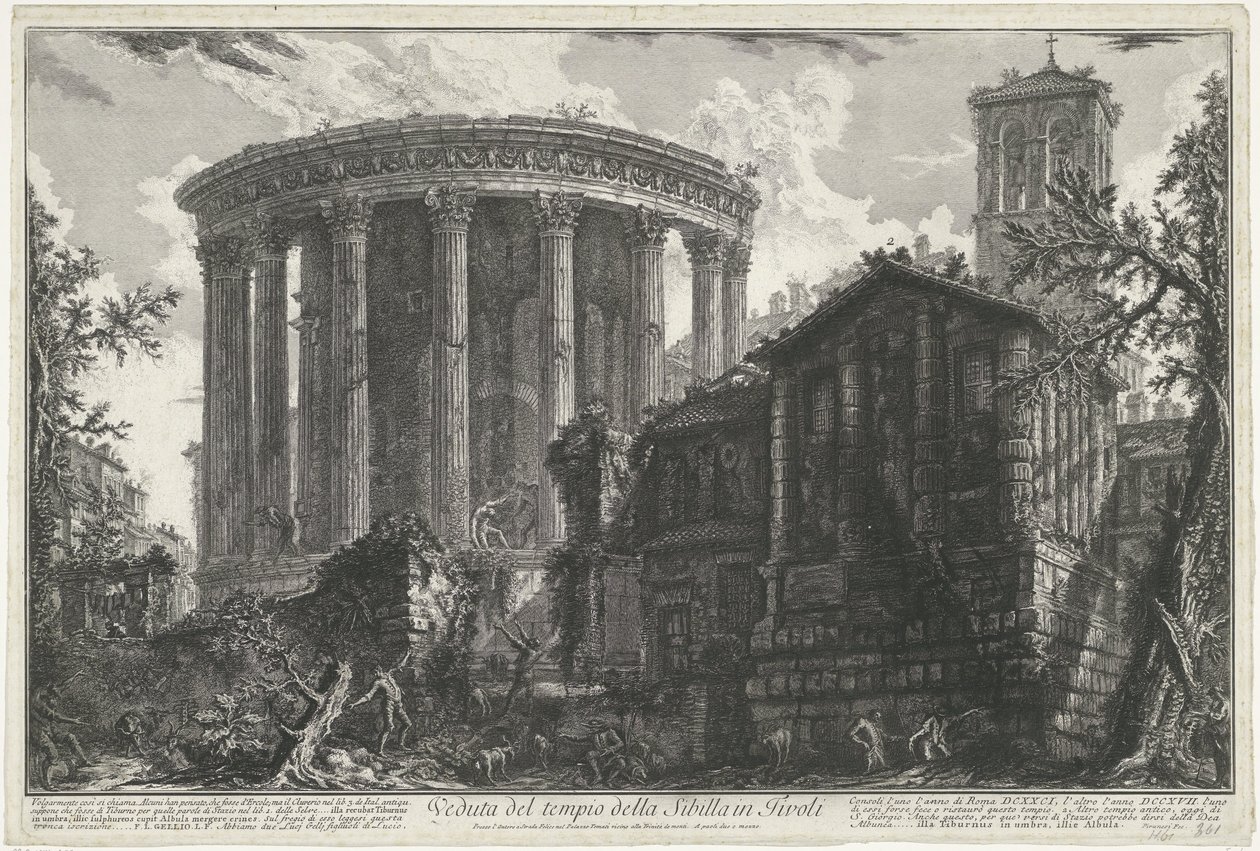 Tempel van Vesta y Tempel van de Tiburtijnse Sibille en Tivoli Vista del templo de la Sibila en Tivoli (título sobre objeto) Gezichten op Rome (título de la serie) Vistas de Roma diseñadas y grabadas por el arquitecto Giambattista Piranesi Ve (nez) iano (s de Giovanni Battista Piranesi