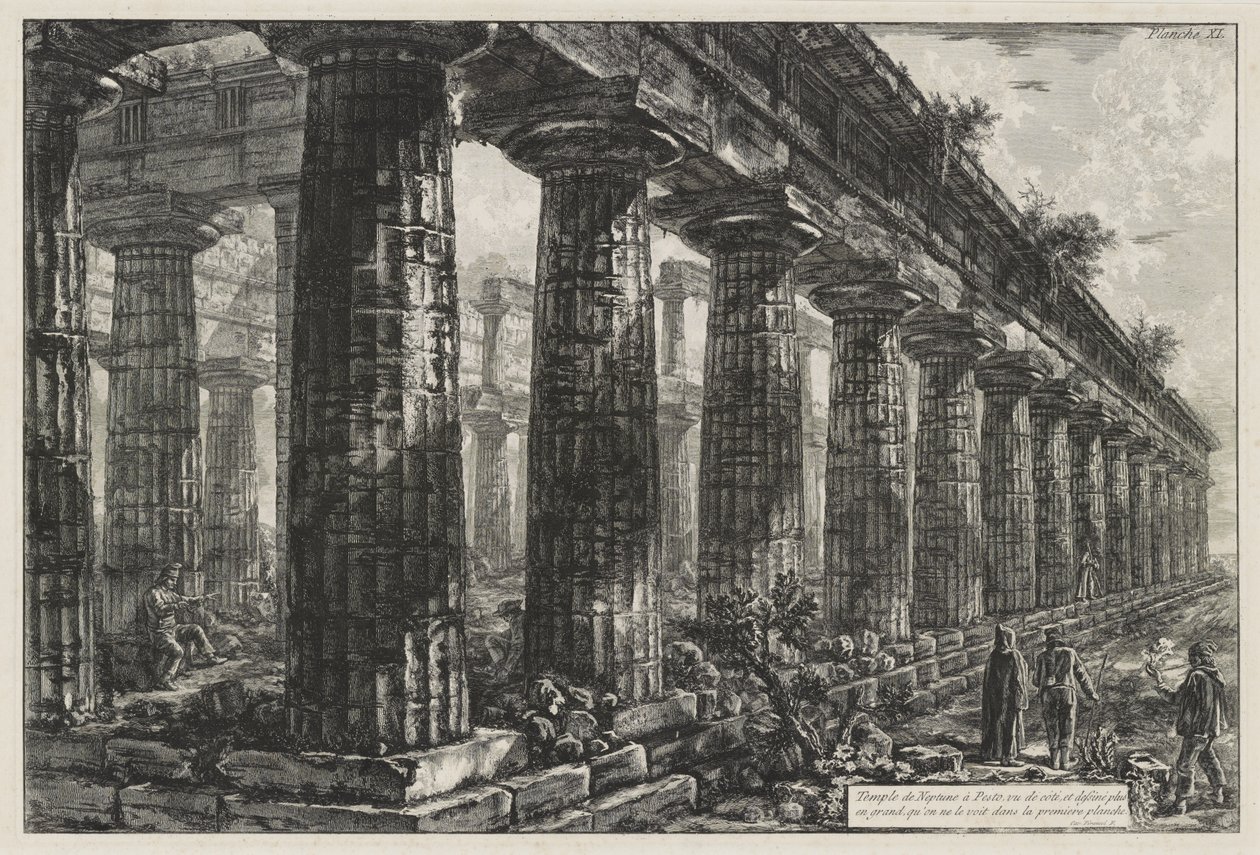 Templo de Neptuno en Paestum, visto de lado y dibujado a mayor escala de lo que se ve en la primera lámina, de Différentes vues de ... Pesto (Differen de Giovanni Battista Piranesi