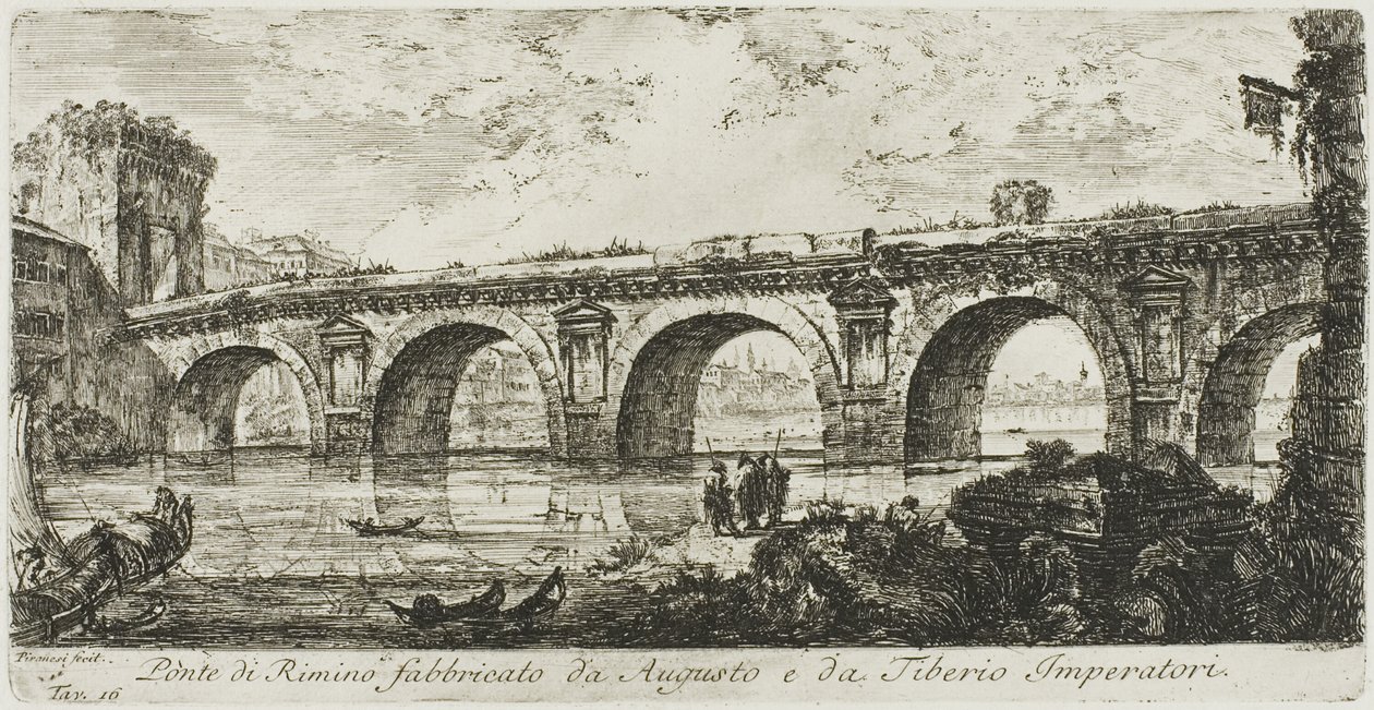 El puente de Rímini construido por los emperadores Augusto y Tiberio, lámina 16 de Algunas vistas de arcos triunfales y otros monumentos de Giovanni Battista Piranesi