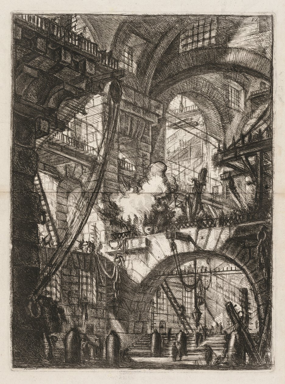 Las prisiones: Una perspectiva de arcos con un fuego humeante en el centro de Giovanni Battista Piranesi