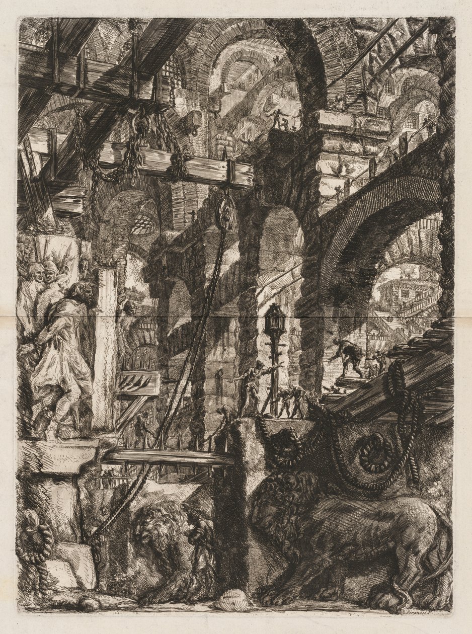 Las prisiones: Una perspectiva de arcos romanos, con dos leones tallados en relieve..., 1745-50 de Giovanni Battista Piranesi