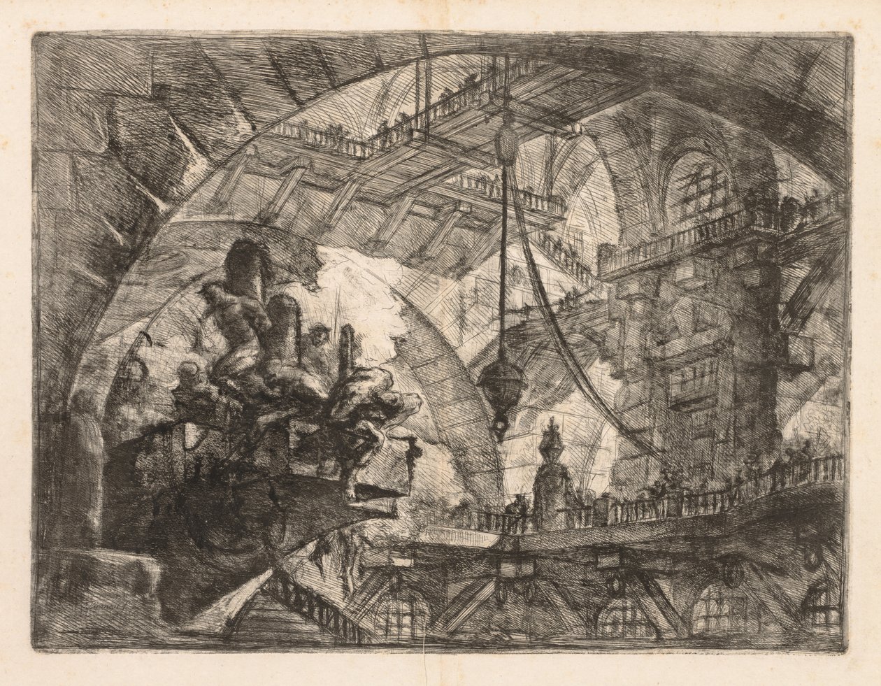 Las prisiones: Una vasta galería con un grupo de prisioneros de Giovanni-Battista Piranesi