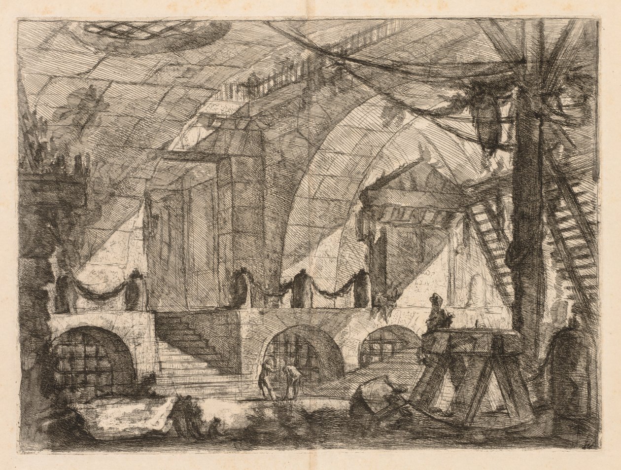 Las Prisiones: Una cámara arqueada con postes y cadenas, 1745-1750 de Giovanni Battista Piranesi