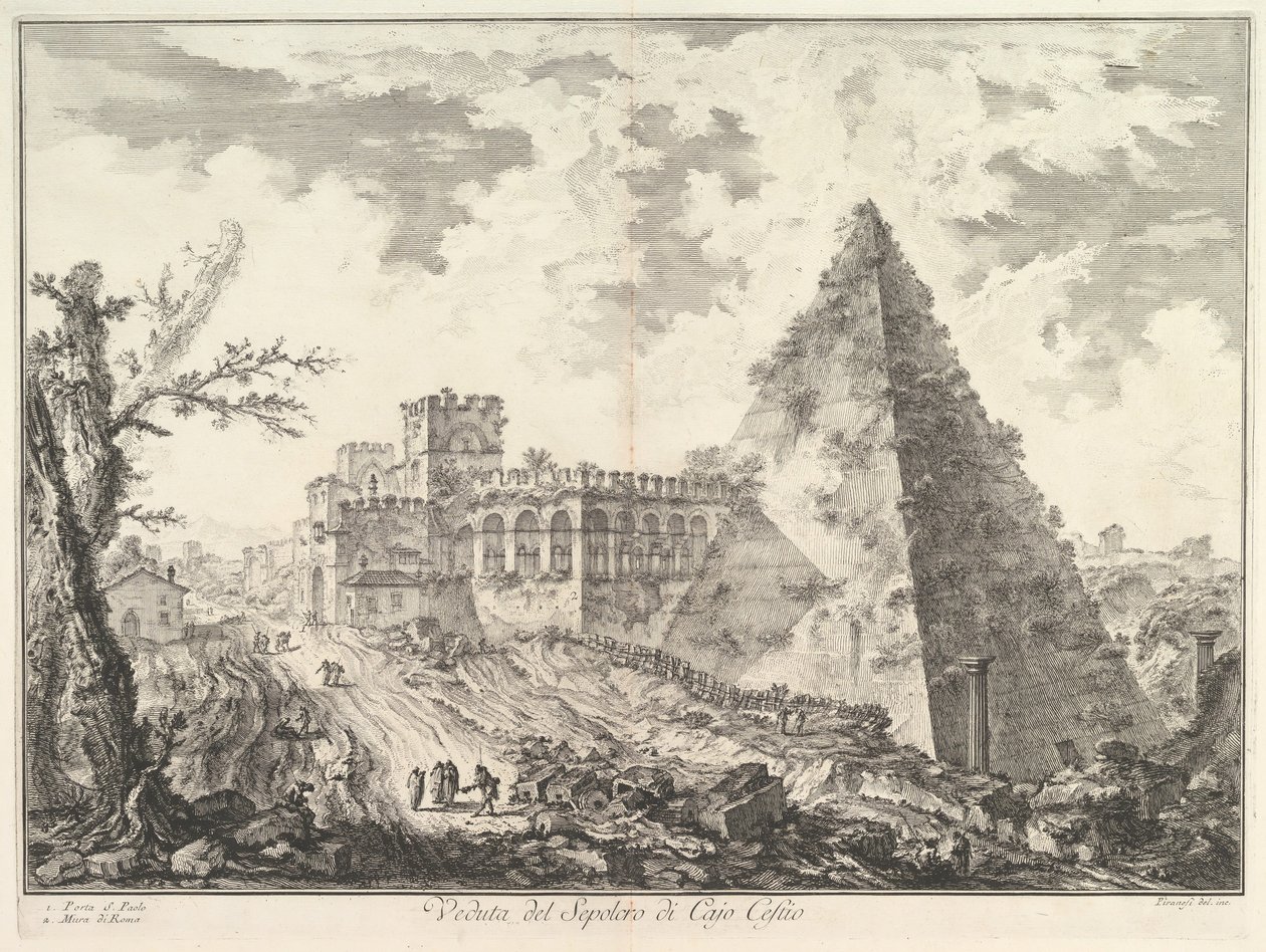 La pirámide de Cayo Cestio, con la Porta S. Paolo y la carretera adyacente, ca. 1755 de Giovanni Battista Piranesi