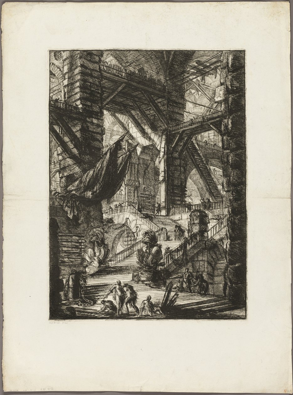 La escalera con trofeos, lámina 8 de Prisiones Imaginarias de Giovanni Battista Piranesi
