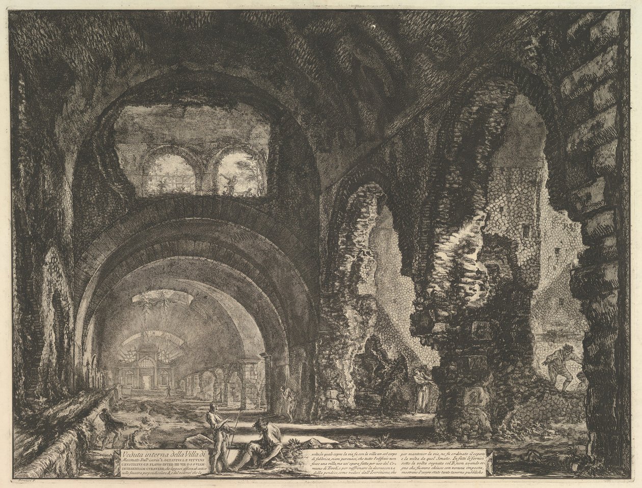 La llamada Villa de Mecenas en Tívoli. Interior con dos figuras en la apertura de..., ca. 1764 de Giovanni Battista Piranesi