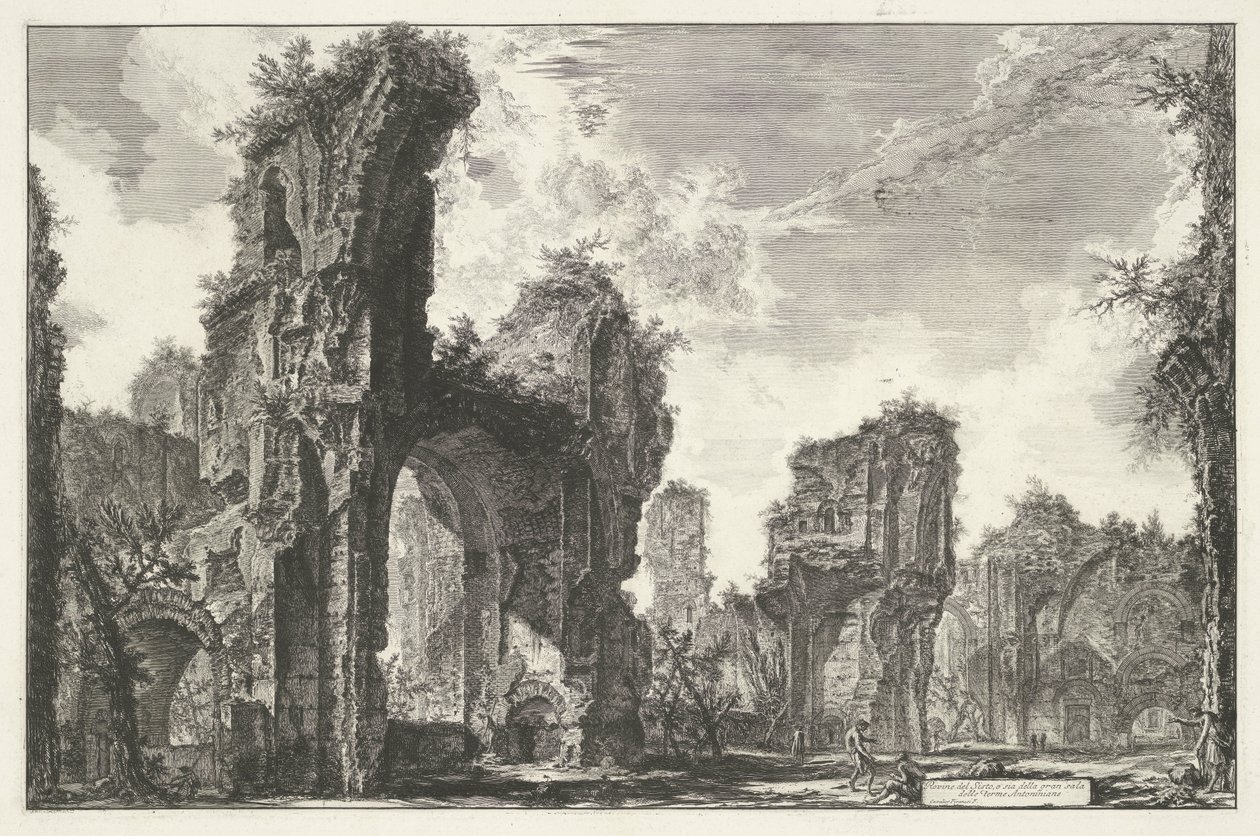 Termas de Caracalla en Roma Ruinas de Sisto, o ambas del gran salón de las Termas de Antonino (título sobre el objeto) Gezichten op Rome (título de la serie) Vistas de Roma diseñadas y grabadas por el arquitecto Giambattista Piranesi Ve (nez) iano (título  de Giovanni Battista Piranesi