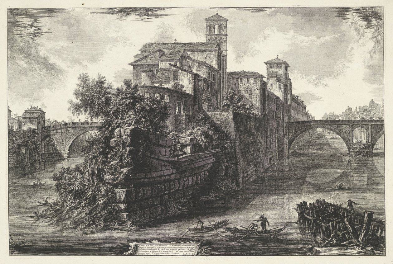 Tibereilandia de Roma Vista de la Isla Tiberina (título sobre objeto) Gezichten op Rome (título de la serie) Vistas de Roma diseñadas y grabadas por el arquitecto Giambattista Piranesi Ve (nez) iano (título de la serie) de Giovanni Battista Piranesi