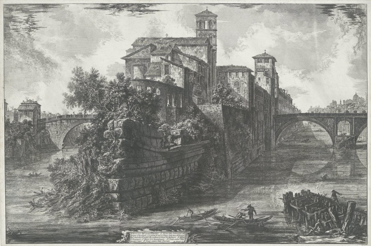 Tibereilandia de Roma Vista de la Isla Tiberina (título sobre objeto) Gezichten op Rome (título de la serie) Vistas de Roma diseñadas y grabadas por el arquitecto Giambattista Piranesi Ve (nez) iano (título de la serie) de Giovanni Battista Piranesi