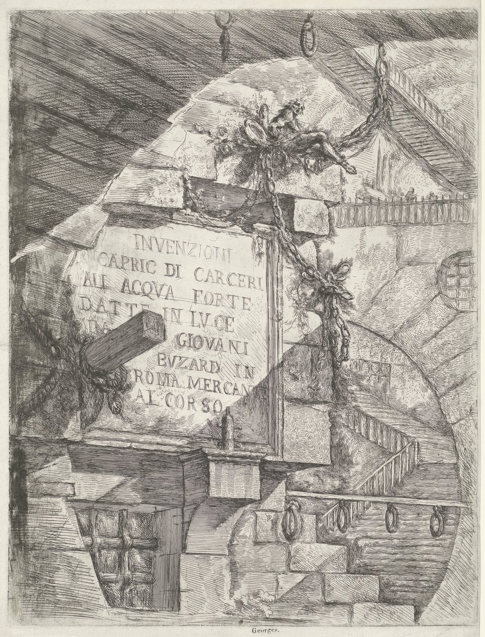 Impresión de título con cara en mazmorra y título en la pared Mazmorras (título de la serie) Invenzioni Capric di Carceri all Acqua Forte (título de la serie sobre el objeto) de Giovanni Battista Piranesi