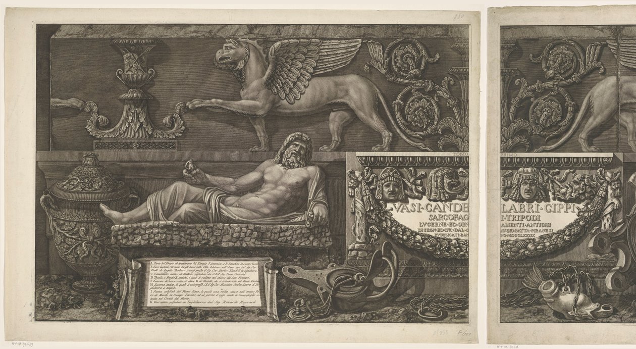 Título impreso con esculturas, relieves tallados y un sarcófago con título
Jarrones, candelabros, lápidas, sarcófagos, trípodes, lámparas y adornos diseñados y grabados por Giovanni Battista Piranesi (título de la serie)
Vasi, candelabros, cippi, sarcófa de Giovanni Battista Piranesi