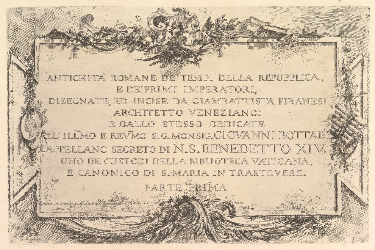 Página del título: Antigüedad romana de la época de la República y los primeros emperadores, ca. 1748 de Giovanni Battista Piranesi
