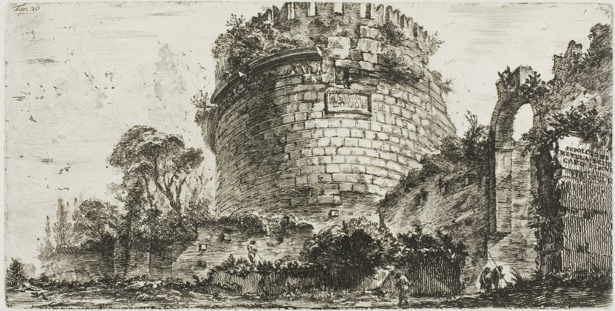 Tumba de Caecilia Metella llamada Capo di Bove [Cabeza de Buey], lámina veinte de Algunas Vistas de Arcos Triunfales y otros monumentos de Giovanni Battista Piranesi