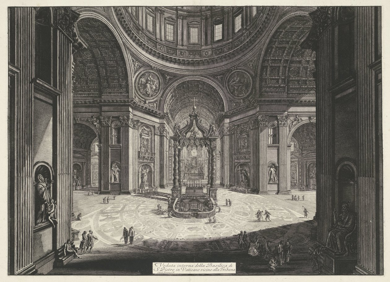Crucero de Sint-Pietersbasiliek te Vaticaanstad Vista interior de la Basílica de San Pedro en el Vaticano cerca de la Tribuna (título sobre el objeto) Gezichten op Rome (título de la serie) Vistas de Roma diseñadas y grabadas por el arquitecto Giambattista de Giovanni Battista Piranesi