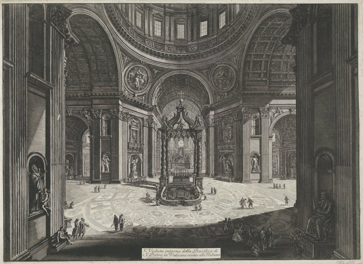 Crucero de Sint-Pietersbasiliek te Vaticaanstad Vista interior de la Basílica de San Pedro en el Vaticano cerca de la Tribuna (título sobre el objeto) Gezichten op Rome (título de la serie) Vistas de Roma diseñadas y grabadas por el arquitecto Giambattista de Giovanni Battista Piranesi