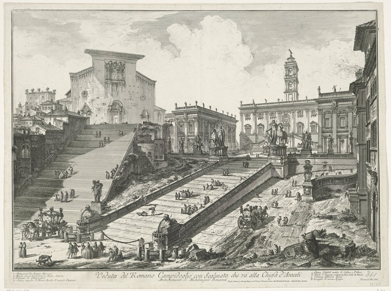 Trappen cerca de la Piazza del Campidoglio en de Santa Maria in Aracoeli te Rome Vista del Campidoglio Romano con Escalera que conduce a la Iglesia de Araceli (título sobre el objeto) Gezichten op Rome (título de la serie) Vistas de Roma diseñadas y grabad de Giovanni Battista Piranesi