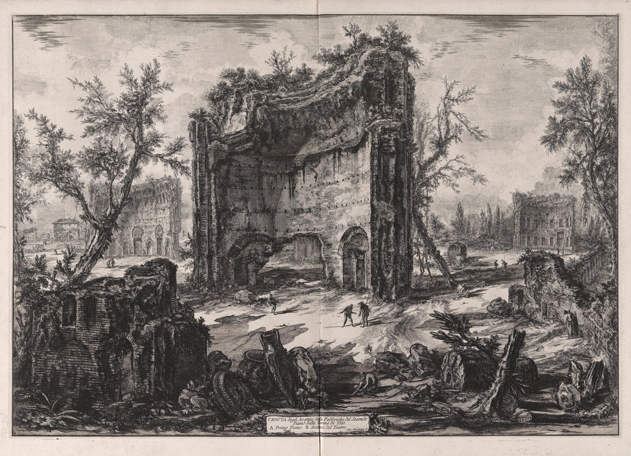 Vista de los restos de los edificios del segundo piso de las Termas de Tito, de Vedute di Roma (Vistas de Roma) de Giovanni Battista Piranesi