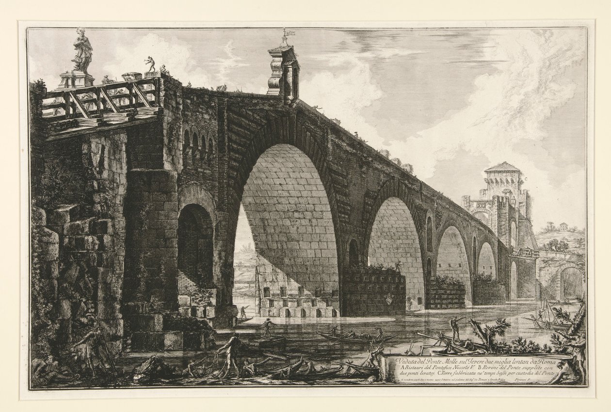 Vista del Puente Milvio sobre el Tíber a dos millas de Roma, desde Vedute di Roma de Giovanni Battista Piranesi