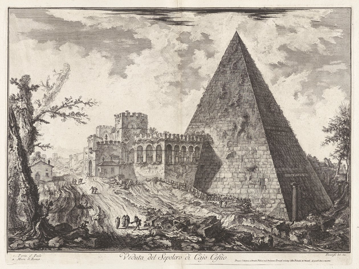 Veduta del Sepolcro di Cajo Cestio (Vista de la tumba piramidal de Caius Cestius [con la Porta S. Paolo a la izquierda]), de Vedute di Roma (Vistas de Roma) de Giovanni Battista Piranesi
