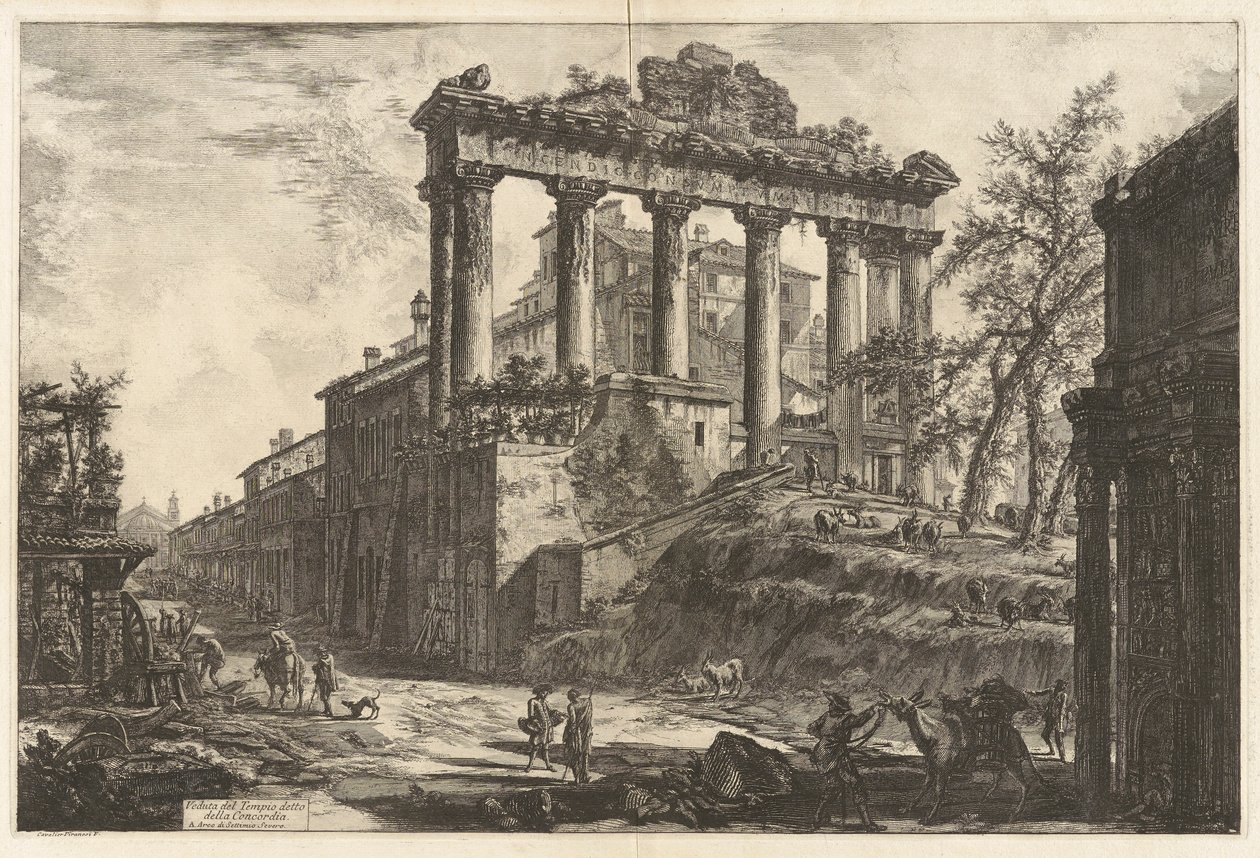 Veduta del Tempio detto della Concordia (Vista del llamado Templo de la Concordia [el Templo de Saturno con el Arco de Septimio Severo en primer plano a la derecha]), de Vedute di Roma (Vistas de Roma) de Giovanni Battista Piranesi