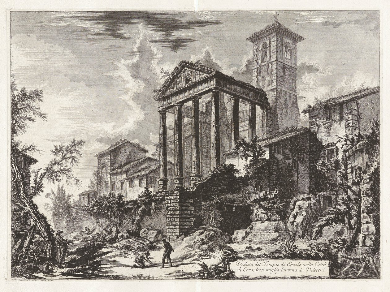 Vista del Templo de Hércules en la Ciudad? di Cora, a diez millas de Velletri (Vista del templo de Hércules en Cori, a diez millas de Velletri), de Vedute di Roma (Vistas de Roma) de Giovanni Battista Piranesi