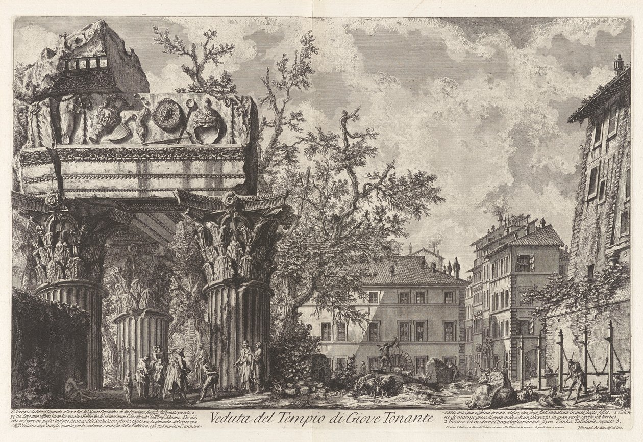 Veduta del Tempio di Giove Tonante (Vista del Templo de Júpiter Tonans [Júpiter el Tronador; en realidad el Templo de Vespasiano y Tito]), de Vedute di Roma (Vistas de Roma) de Giovanni Battista Piranesi